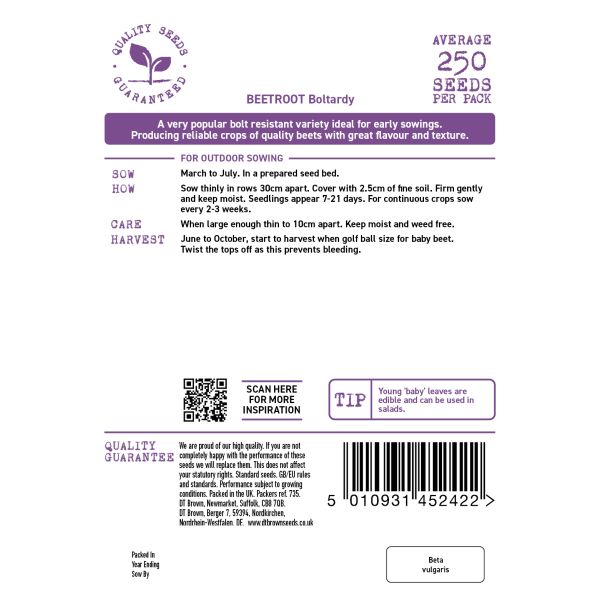 Seeds packet label for Beetroot Boltardy with text and barcode on a white background