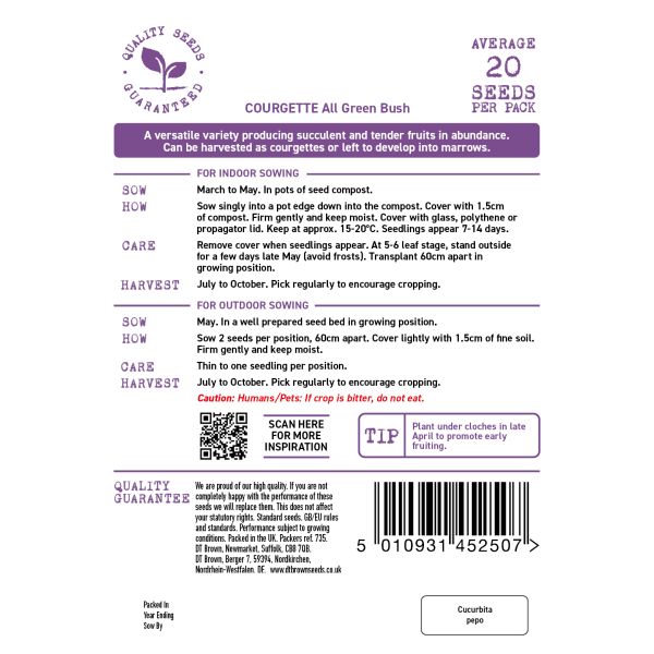 Seeds packet label for Courgette with text and barcode on a white background