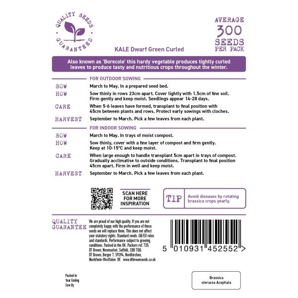 Kale dwarf green curled seed packet with planting instructions and product details.
