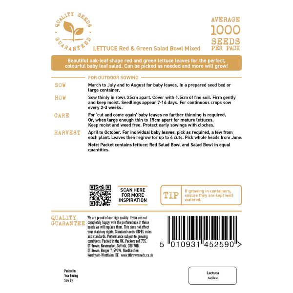 Seed packet label for Lettuce Red & Green Salad Bowl Mixed with text and QR code on a white background