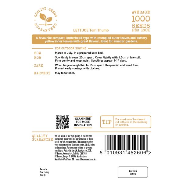 Seed packet label for Lettuce Tom Thumb with text and QR code on a white background