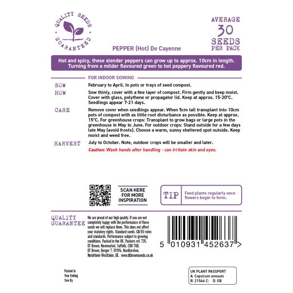 Pepper seed packet with planting instructions and product details on a white background