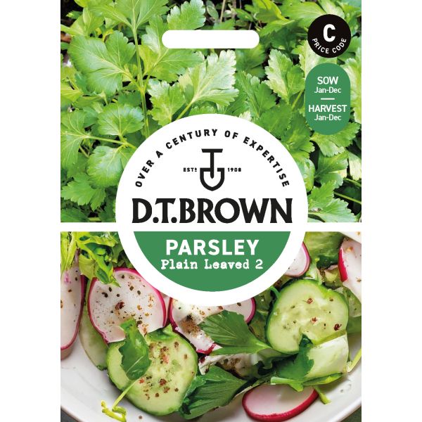 D.T. Brown parsley seed packet with parsley leaves and a salad image on a white background