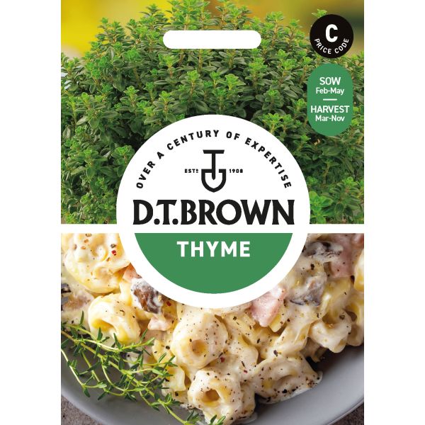 D.T. Brown thyme seed packet with a dish of pasta and thyme garnish.