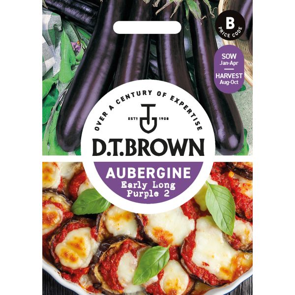 D.T. Brown aubergine seed packet with images of eggplants and a dish.