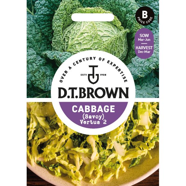 D.T. Brown cabbage seed packet with images of green and savoy cabbage.