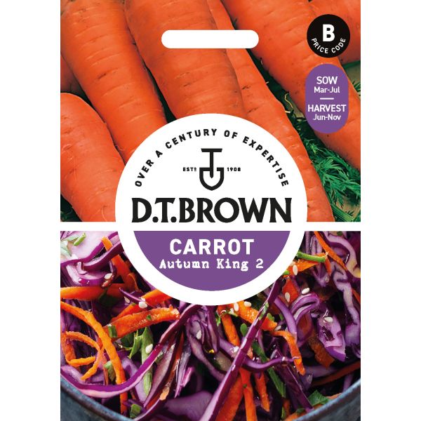 D.T. Brown carrot seed packet with carrots and salad ingredients on a white background