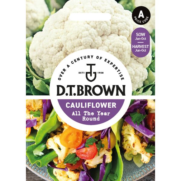 D.T. Brown cauliflower seed packet with a colorful salad background