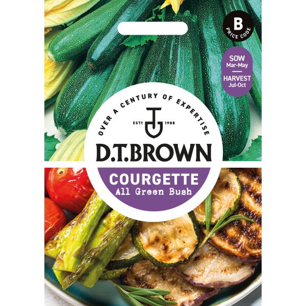 D.T. Brown courgette seed packet with images of courgettes and text on a white background