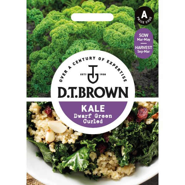 D.T. Brown kale seed packet with green kale and salad images on a white background