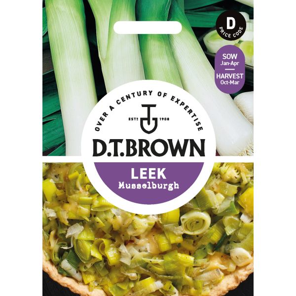 D.T. Brown leek seed packet with images of leeks and a dish