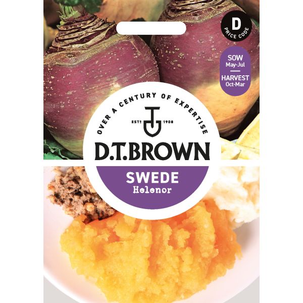 D.T. Brown swede seed packet with vegetables and mashed swede on a white background
