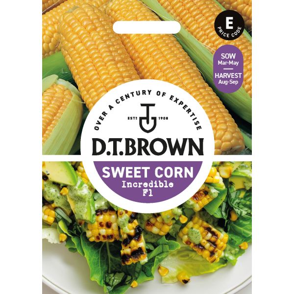 D.T. Brown sweet corn seed packet with corn on the cob and salad images.