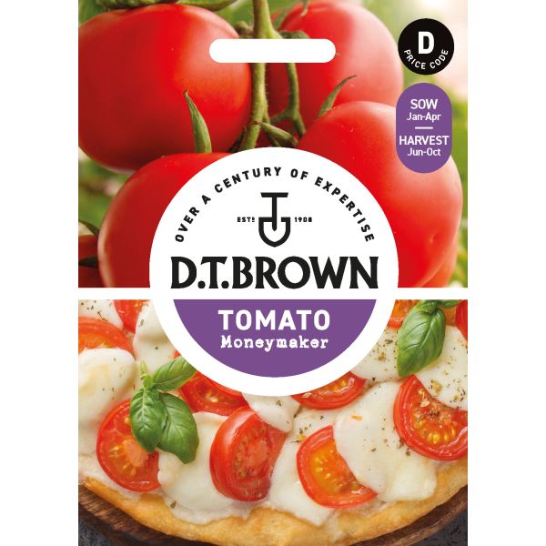 D.T. Brown tomato seed packet with images of tomatoes and a pizza.