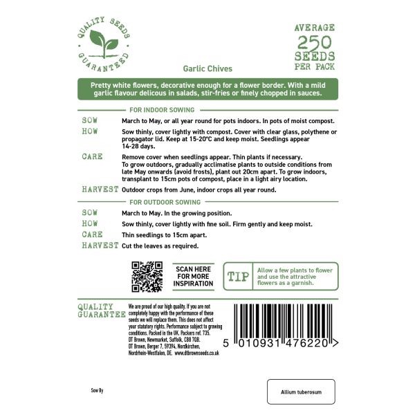 Garlic chives seed packet with planting instructions and product details on a white background