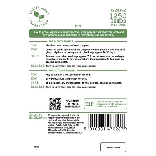 Seeds packaging with planting instructions and product details on a white background