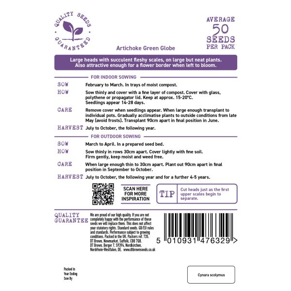 Seeds packet label for Artichoke Green Globe with planting instructions and product details.