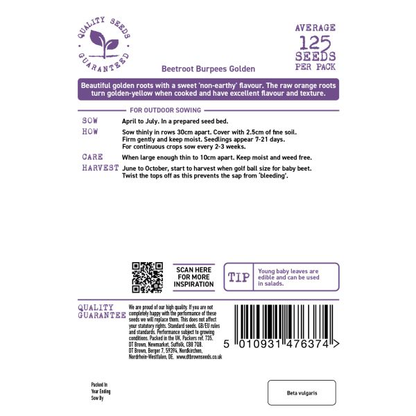 Seed packet label for Beetroot Burpees Golden with text and barcode on a white background