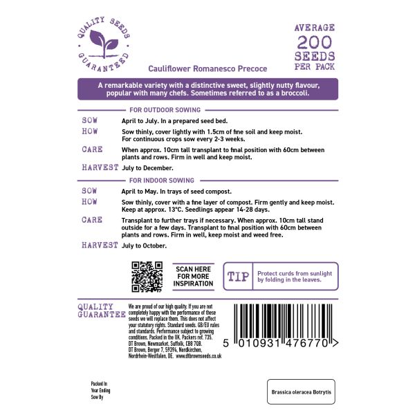 Seeds packet label for Cauliflower Romanesco Precoce with planting instructions and product details.