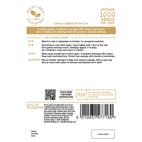 Seed packet label for Lettuce Loblolly Green Cos with text and QR code on a white background