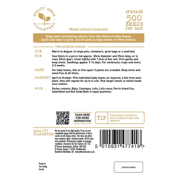 Seed packet label for mixed lettuce contrasts with text and QR code on a white background