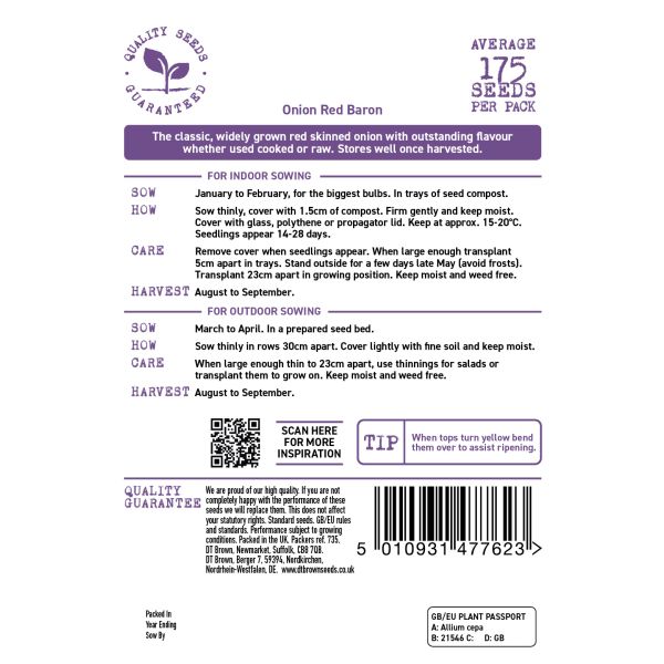Seed packet label for Onion Red Baron with planting instructions and product details.