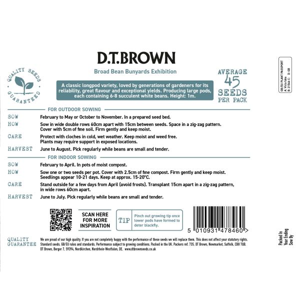 Seeds packet with D.T. Brown branding and planting instructions.