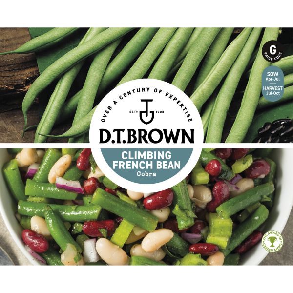 D.T. Brown climbing French bean packaging with green beans and bean salad.