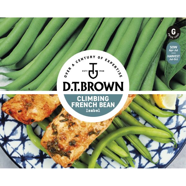 D.T. Brown climbing French bean packaging with green beans and salmon on a plate.
