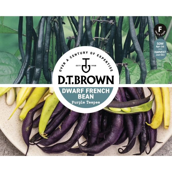 D.T. Brown dwarf French bean packaging with purple and yellow beans.