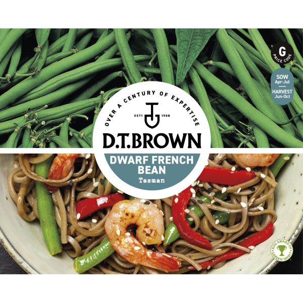 D.T. Brown dwarf French bean packaging with green beans and a dish of noodles and shrimp.