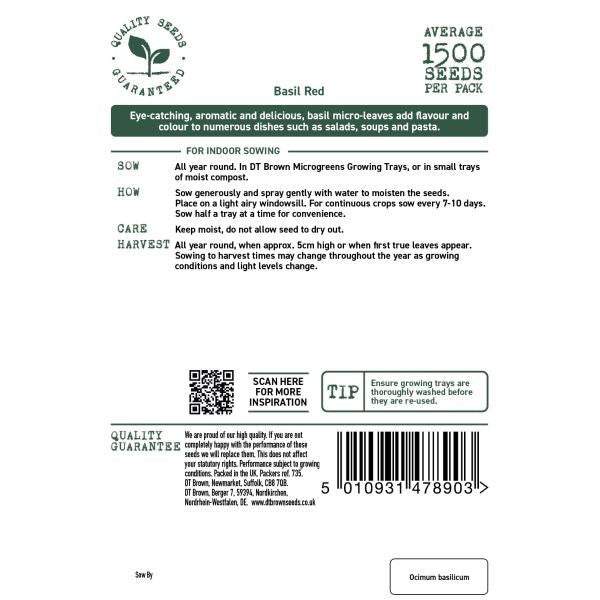 Basil seed packet with planting instructions and barcode on a white background