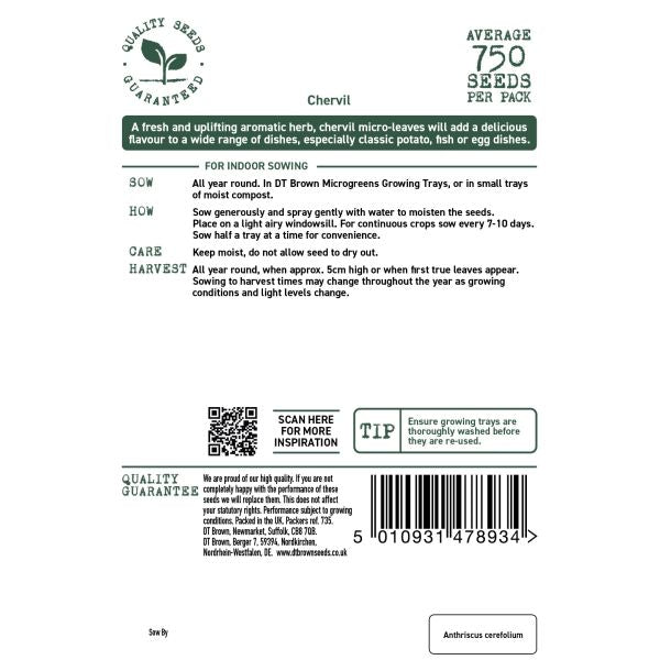 Seeds packet label for chervil with text and barcode on a white background