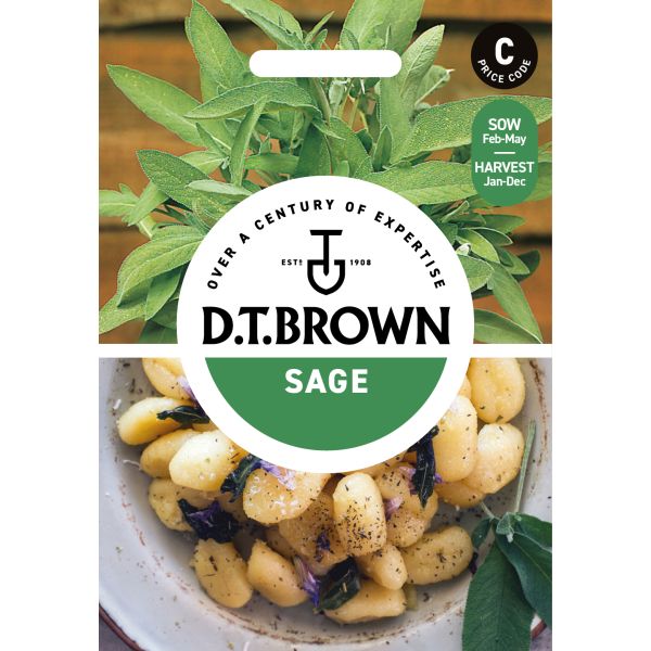 D.T. Brown sage seed packet with images of sage leaves and gnocchi dish.