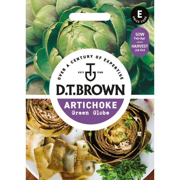 D.T. Brown Artichoke Green Globe seed packet with images of artichokes and text.