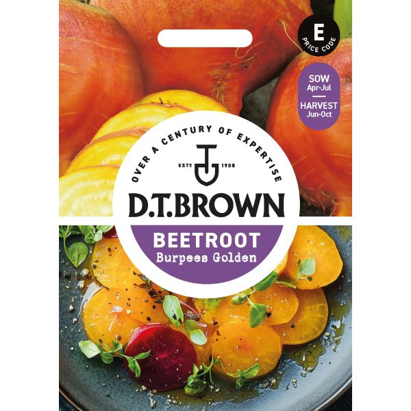 D.T. Brown beetroot seed packet with images of beetroots and text about expertise.