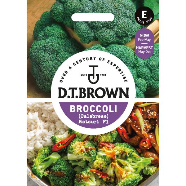 D.T. Brown broccoli seed packet with images of broccoli dishes.
