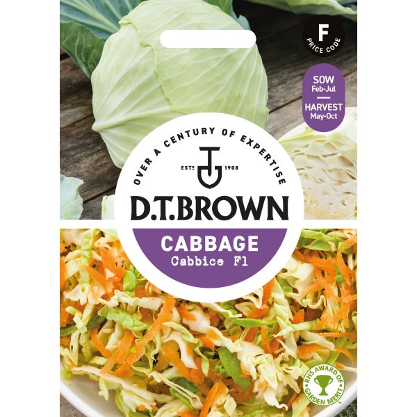 D.T. Brown cabbage seed packet with images of cabbage and coleslaw.