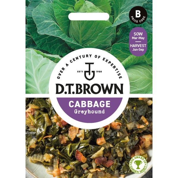 D.T. Brown cabbage seed packet with images of cabbage and cooked dish on a white background