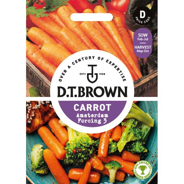 D.T. Brown carrot seed packet with carrots and broccoli on a white background