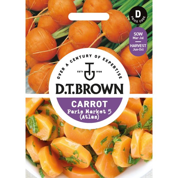 D.T. Brown carrot seed packet with images of carrots and branding details.