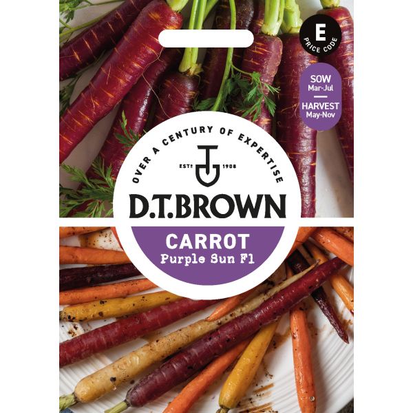 D.T. Brown carrot seed packet with purple sun F1 carrots on a white background