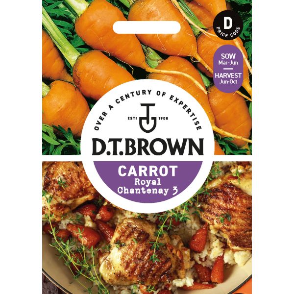 D.T. Brown carrot seed packet with carrots and a dish featuring carrots on a white background