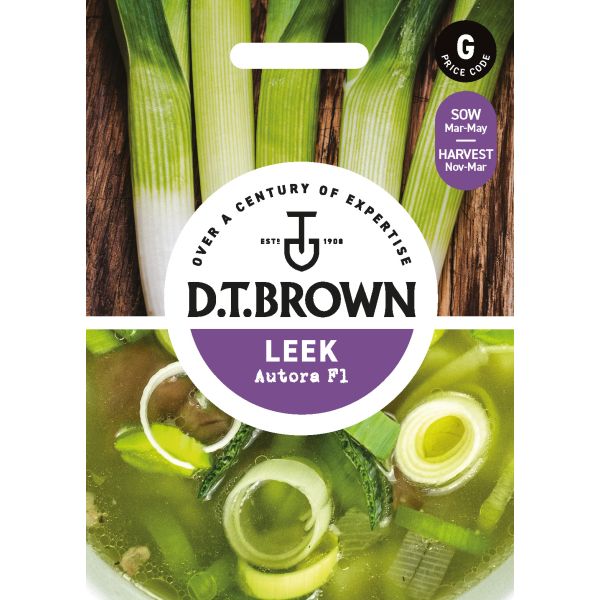 D.T. Brown leek seed packet with images of leeks and soup.