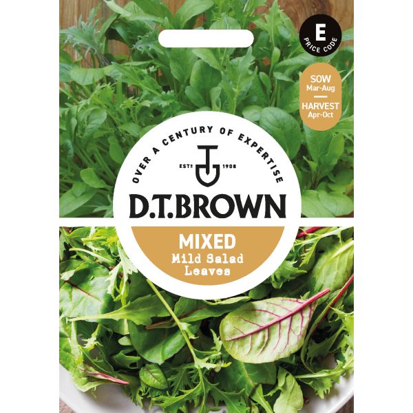 D.T. Brown mixed mild salad leaves packaging with green leaves and brand logo.