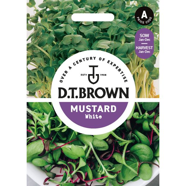 D.T. Brown mustard seed packet with green microgreens on a white background