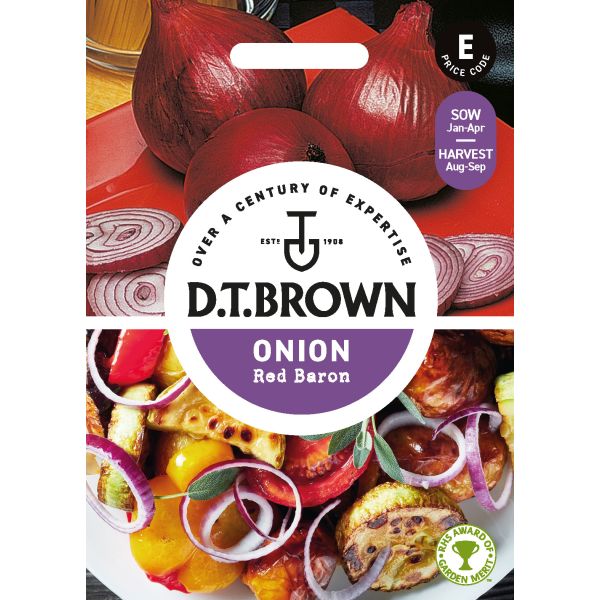 D.T. Brown Onion Red Baron seed packet with onions and food images on a white background