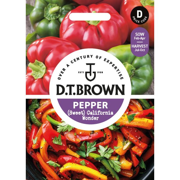 D.T. Brown pepper seed packet with colorful peppers and branding.