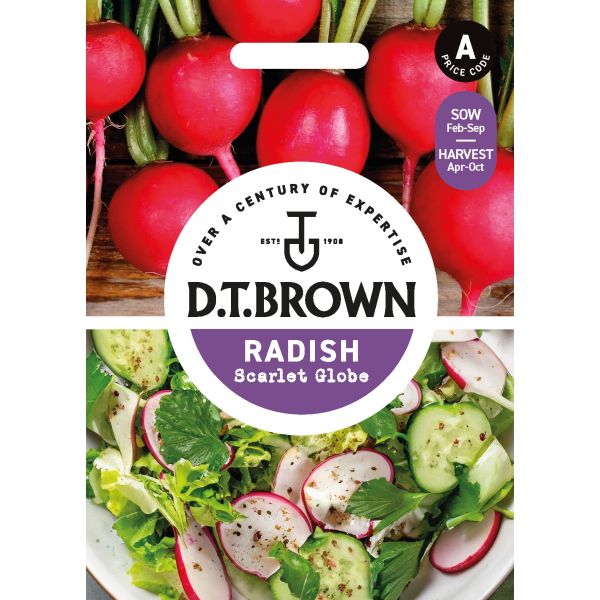 D.T. Brown radish seed packet with radishes and salad images on a white background