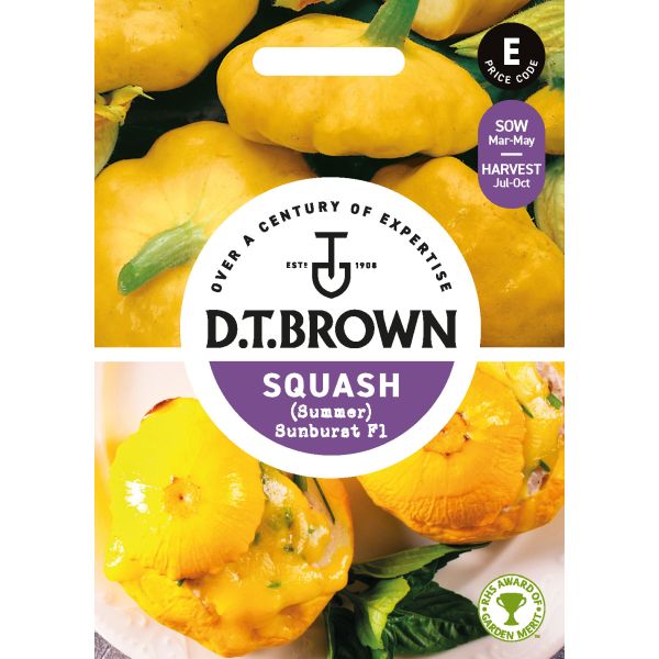 D.T. Brown squash seed packet with yellow squash and branding details.